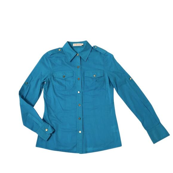 TORY BURCH Brigitte Tab Sleeve Button Up Shirt Sz 0 Blue Classic Office Timeless - Picture 3 of 12